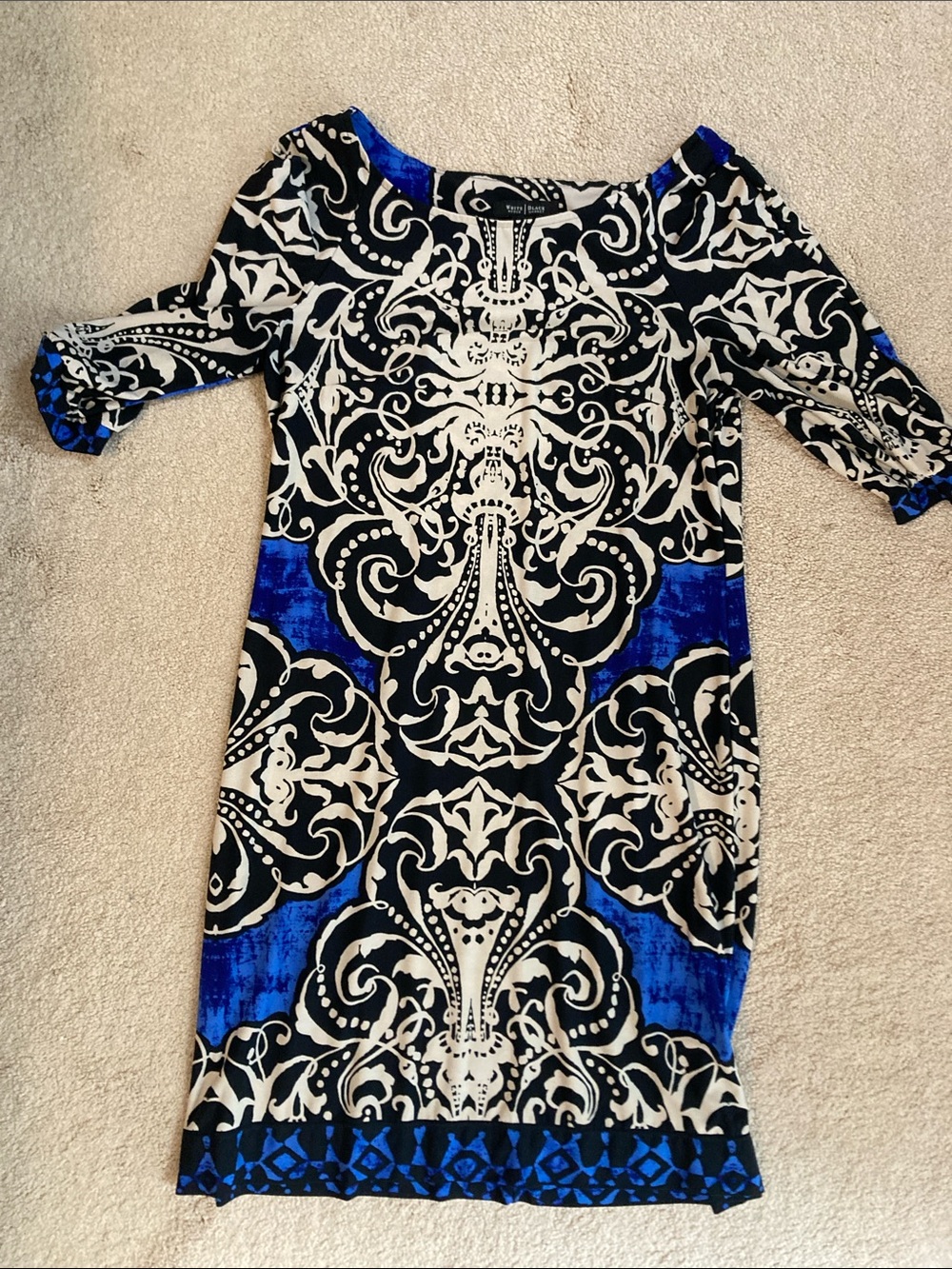 White House Black Market Black, White & Blue Printed Midi Dress